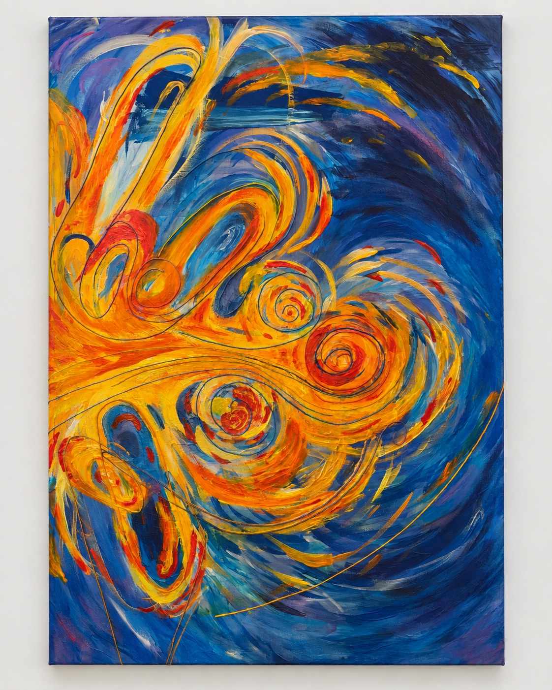 Luminous Threads, an abstract painting with sweeping orange, gold, red, and blue forms