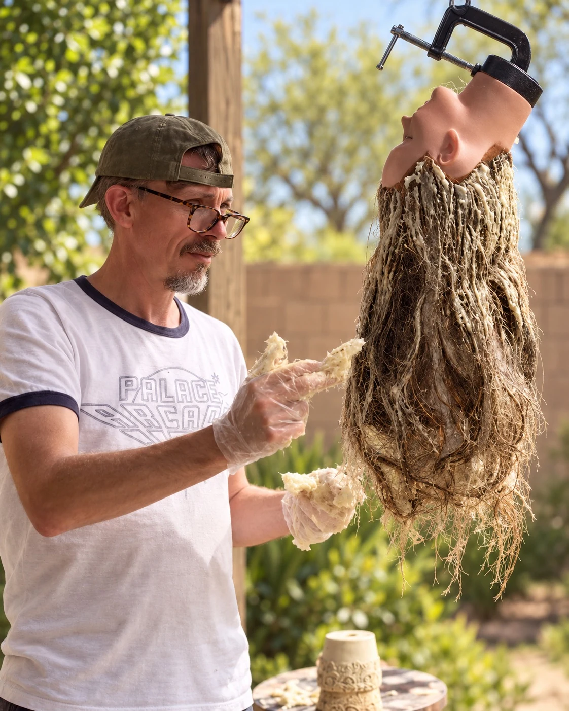 Spencer Tracy Brown working on a sculptural form outdoors