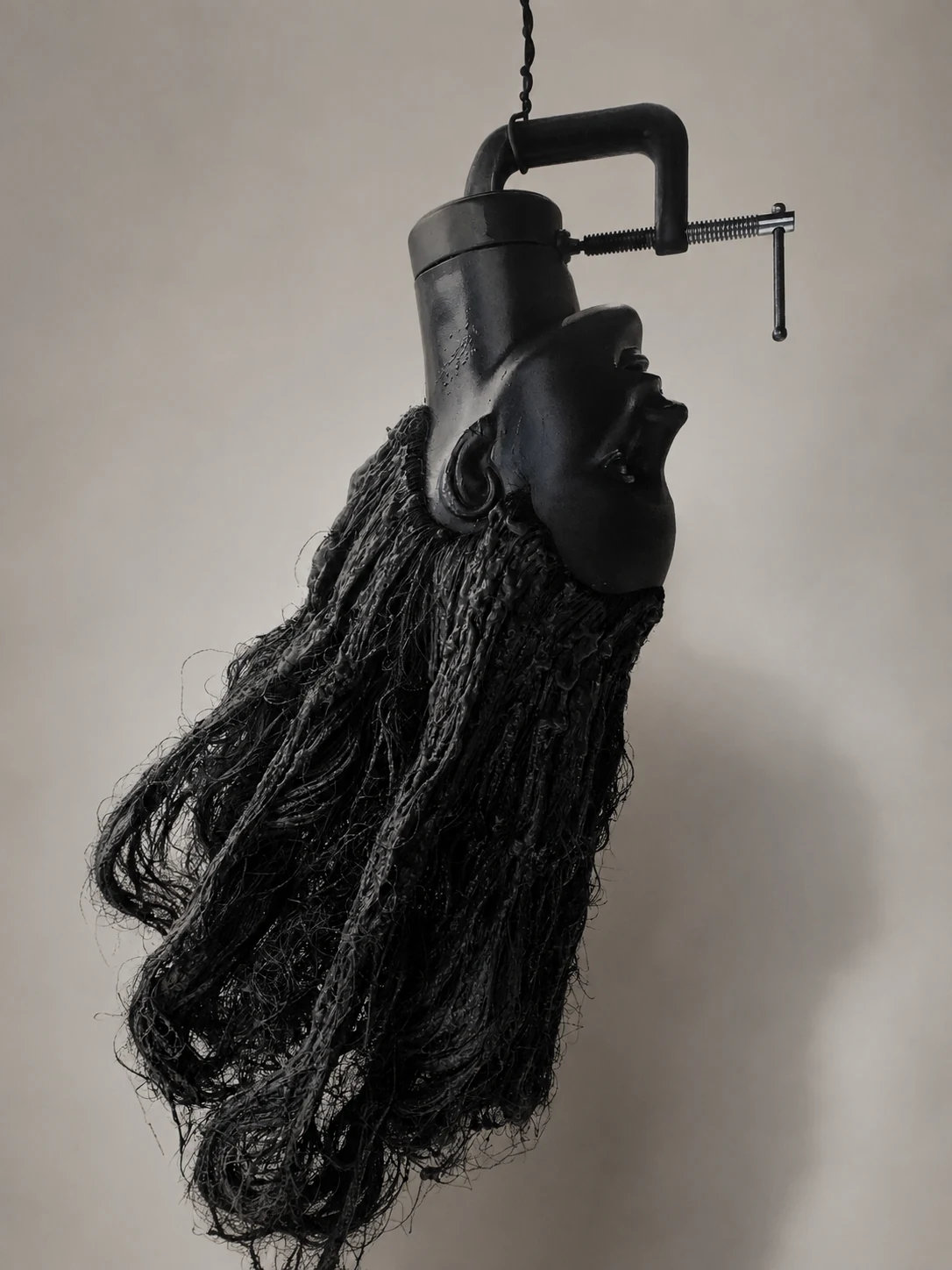 Hanging sculptural assemblage with a dark suspended form and cascading fiber-like material
