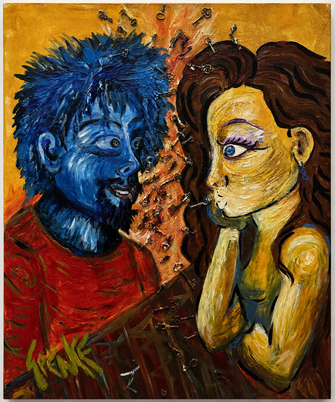 Mixed-media figurative artwork with two faces confronting one another across a field of keys